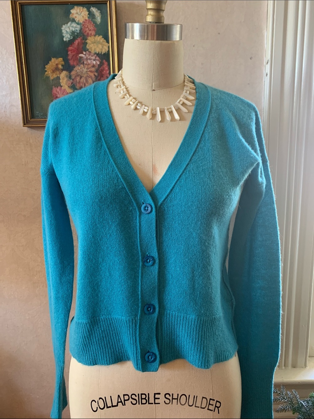 360 Cashmere Teal Blue V‑Neck Cashmere Cardigan